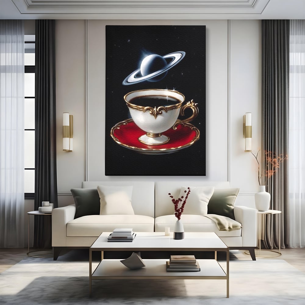 Tablou canvas cu tablou canvas cu ceasca si planeta, fara rama, pe sasiu de lemn, pe perete intr-un living